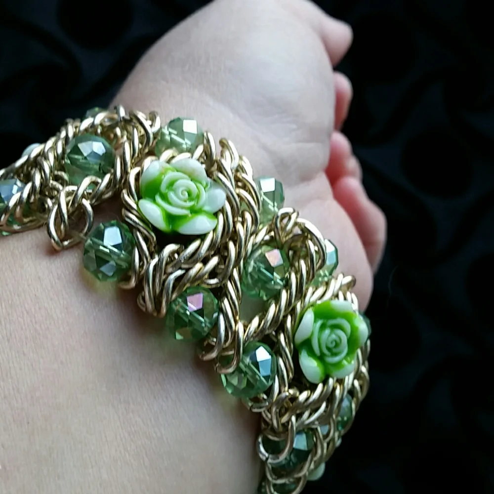Green Rhinestones and Roses Stretch Boho Bracelet Goldtone